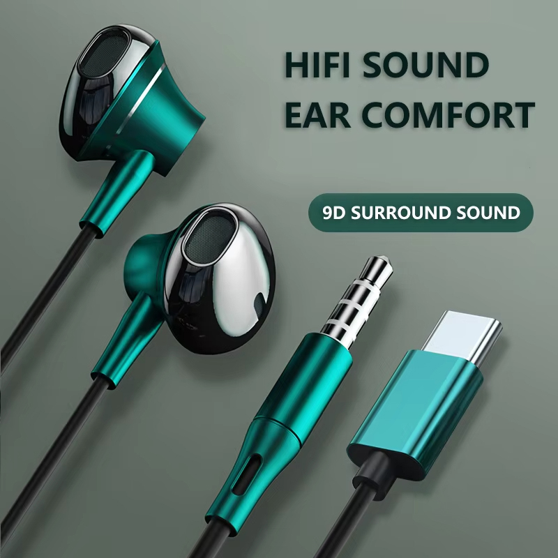 Wired Earphone Mic - 9D低音ステレオType-Cおよび3.5mmヘッドフォン、音量調節機能付きヘッドセット、HDマイク付き有線イヤホン、Readme Xiaomi Galaxyイヤホン用