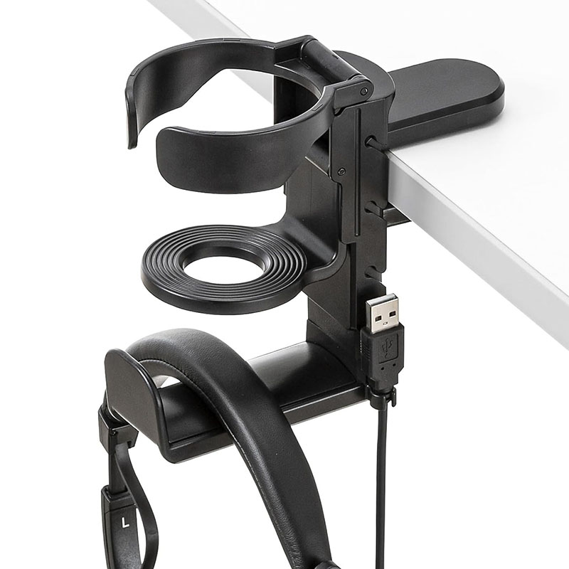 Headphone Stand Desk - デスクカップホルダー、ヘッドホンハンガーホルダー付き、回転スタンドフック、コーヒーマグ、ウォーターカップ、バッグ、ヘッドホンに適しています