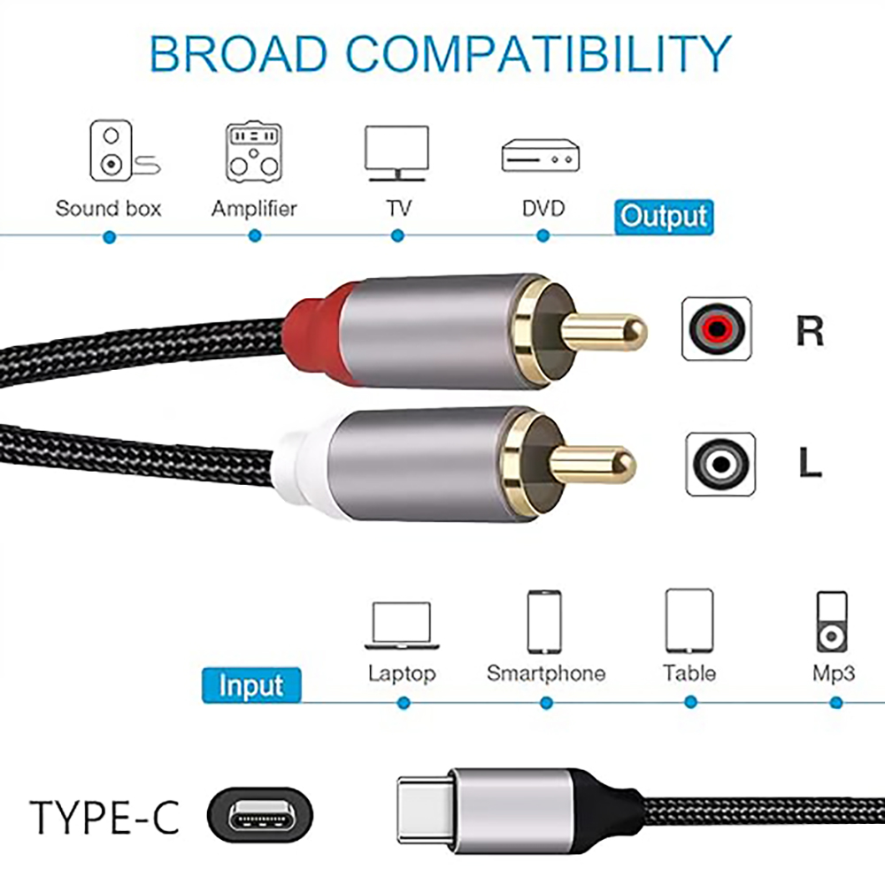 USB C - 2 RCAオーディオケーブル、Type-C  - Earphone Splitter Jack のレビューと価格